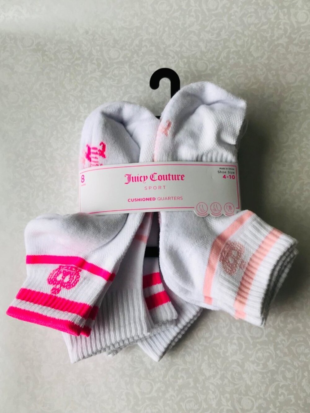 Juicy Couture Sport Cushioned Quarters Socks White & Pink  Size 4-10 8 Pk